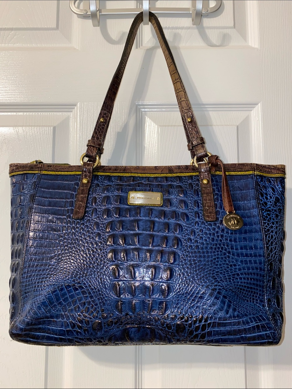 Brahmin Navy Croc-Embossed Tote with Brown Trim